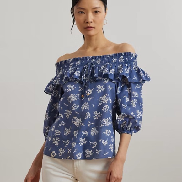 Ralph Lauren Tops - Ralph Lauren Blue Floral Off-Shoulder Blouse